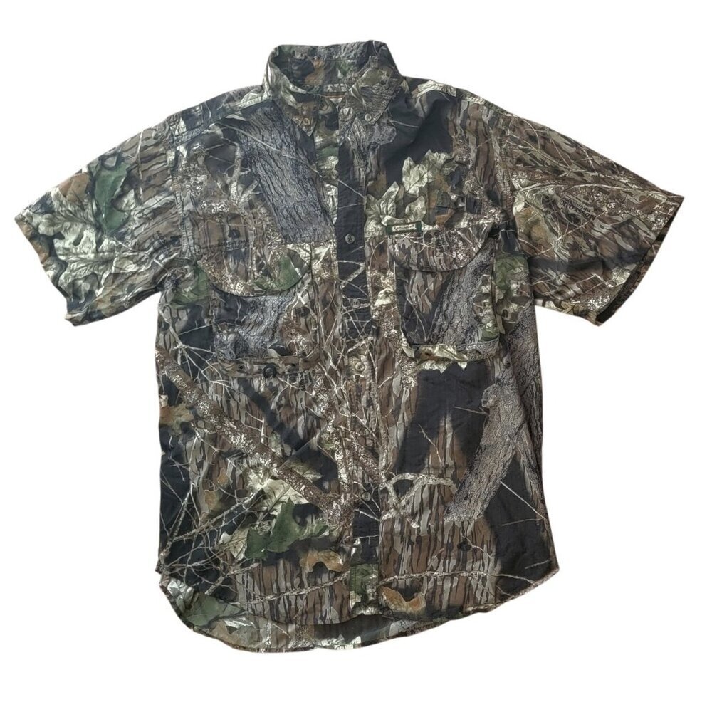 Remington Shirt Large Breakup Camo Mossy Oak Outdoor Hunting Wood Vented Short